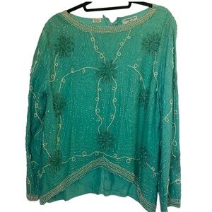 Vintage Y2K Beaded  pearl long sleeve slik top size L